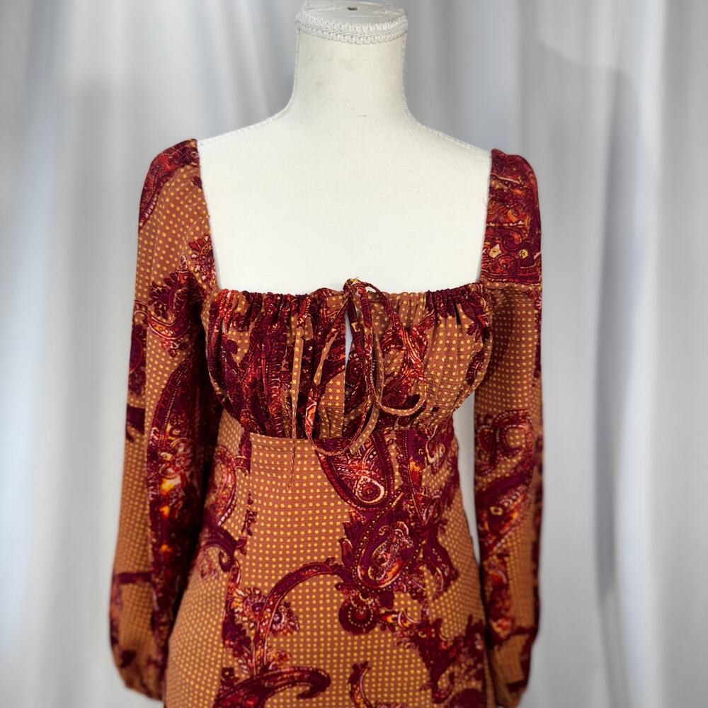 Urban Outfitters Paisley Mini Dress Smocked Balloon Sleeve Boho Small Peasant - Picture 12 of 16